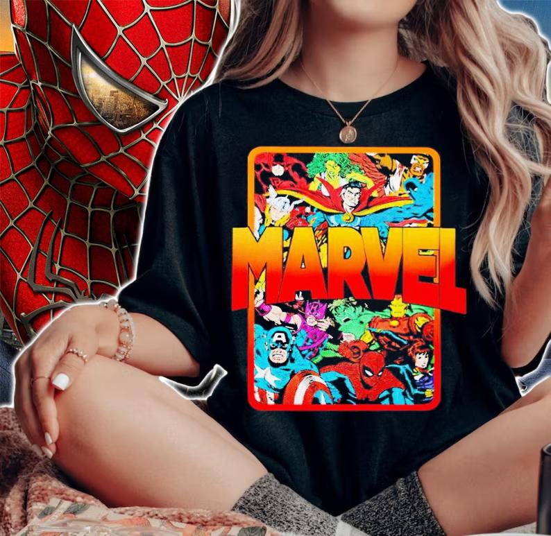 Mario Judah wearing Marvel comics old school characters shirt t-shirt woman shirt