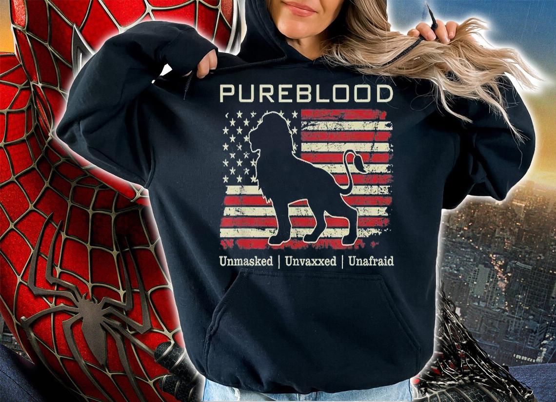 Pureblood Unmasked Unvaxxed Unafraid Medical Freedom Lion USA Flag T-Shirt t-shirt hoodie