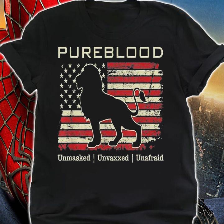 Pureblood Unmasked Unvaxxed Unafraid Medical Freedom Lion USA Flag T-Shirt t-shirt shirt