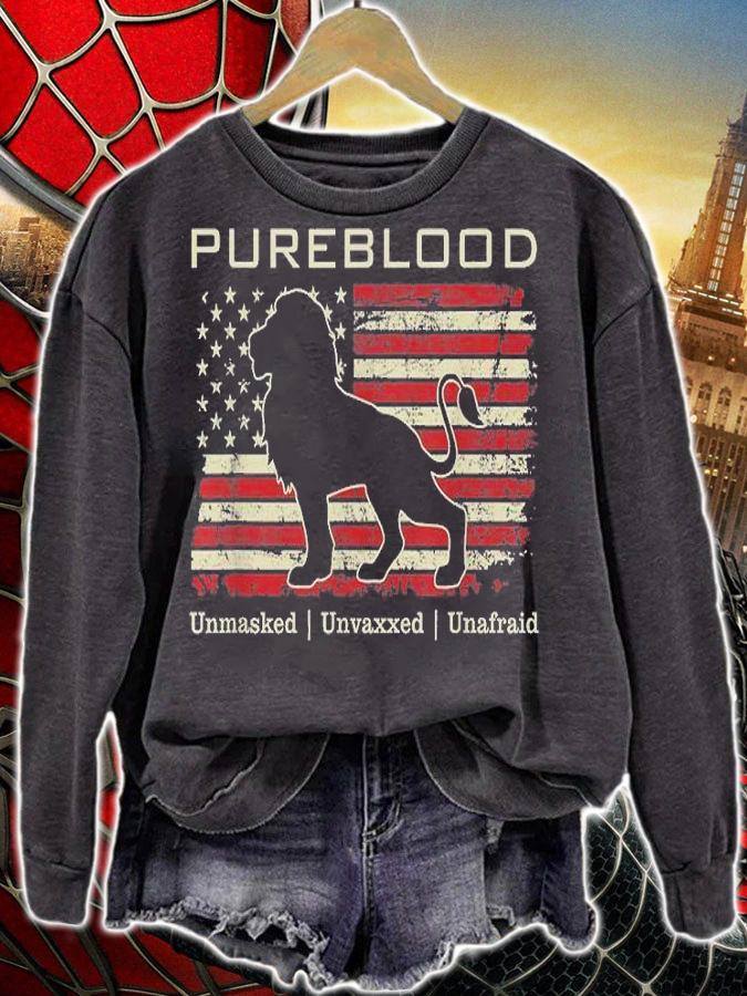 Pureblood Unmasked Unvaxxed Unafraid Medical Freedom Lion USA Flag T-Shirt t-shirt sweatshirt