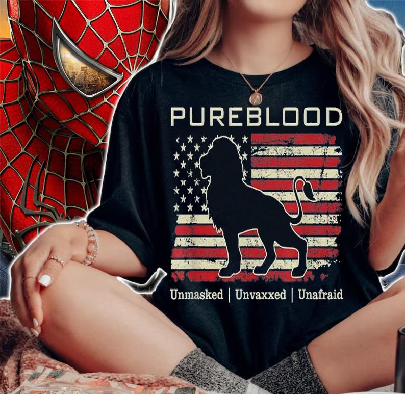 Pureblood Unmasked Unvaxxed Unafraid Medical Freedom Lion USA Flag T-Shirt t-shirt woman shirt