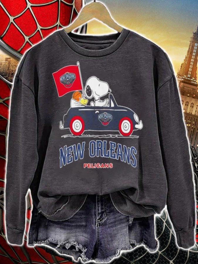 Snoopy And Woodstock Driving Car New Orleans Pelicans Flag t-shirt