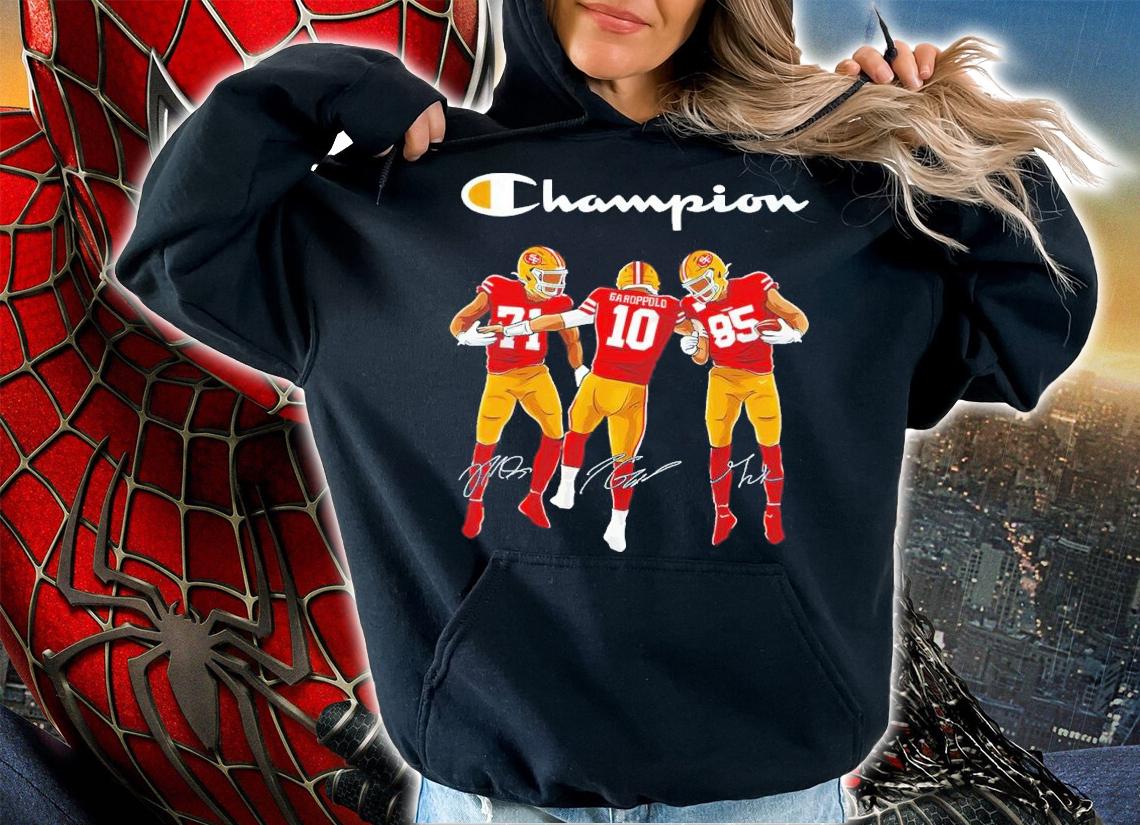 San Francisco 49ers Champion Trent Williams Vs Jimmy Garoppolo And George Kittle Signatures Shirt hoodie