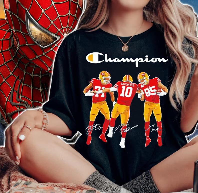 San Francisco 49ers Champion Trent Williams Vs Jimmy Garoppolo And George Kittle Signatures Shirt woman shirt