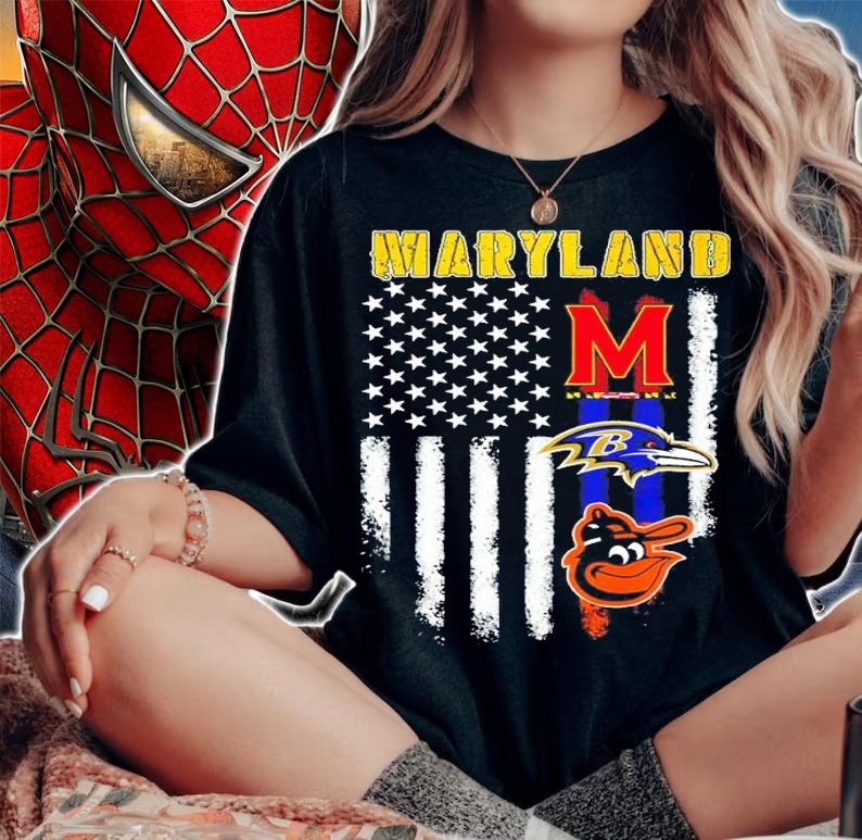 Maryland American flag Maryland Terrapins Baltimore Ravens Baltimore Orioles shirt woman shirt