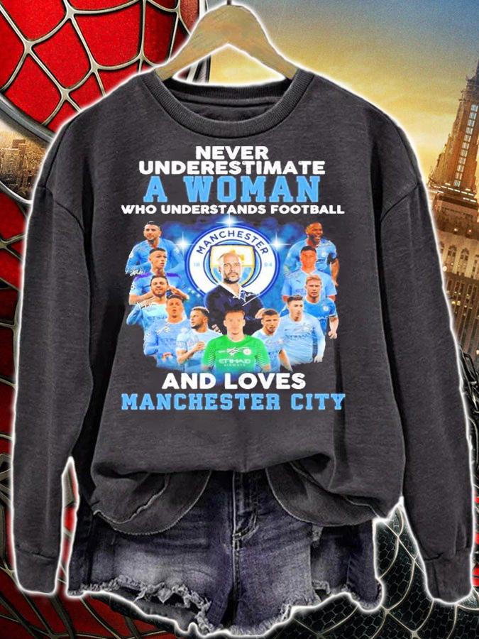 Never underestimate a woman who understands football and loves Manchester City signatures shirt