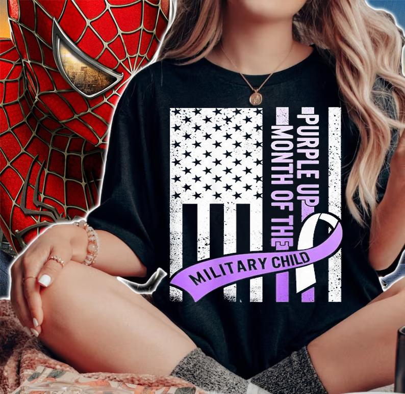 Purple Up Military Child Month USA Flag Ribbon T-Shirt woman shirt