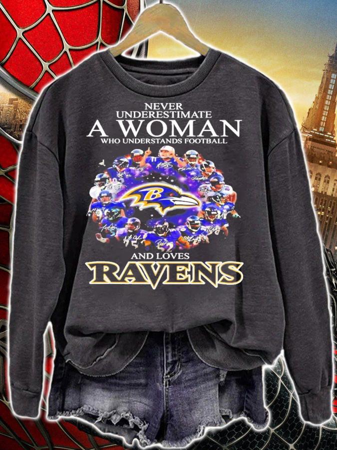 Never underestimate a woman who understands football and loves Ravens shirt sweatshirt
