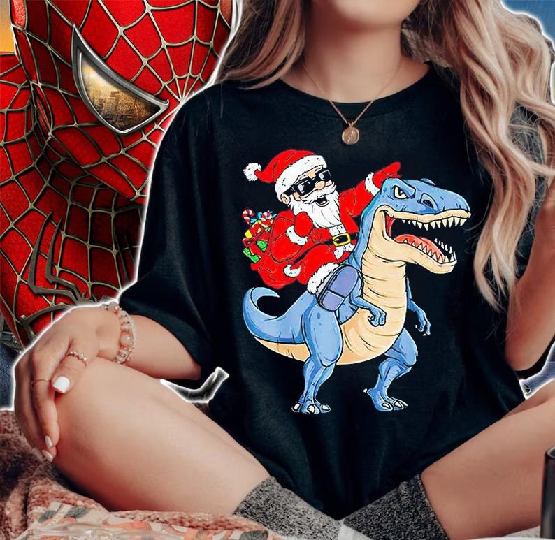 Christmas Santa Claus riding Dinosaur T-Rex T-shirt woman shirt