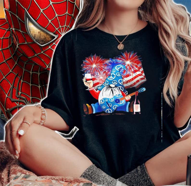 Gnomes Wine Guitar American Flag Veteran Independence Day Shirt.Jpg woman shirt